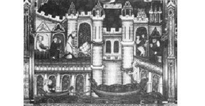 Peinture de l&#039;ère médiévale, représentant le paiement des droits à l&#039;entrée d&#039;une ville.